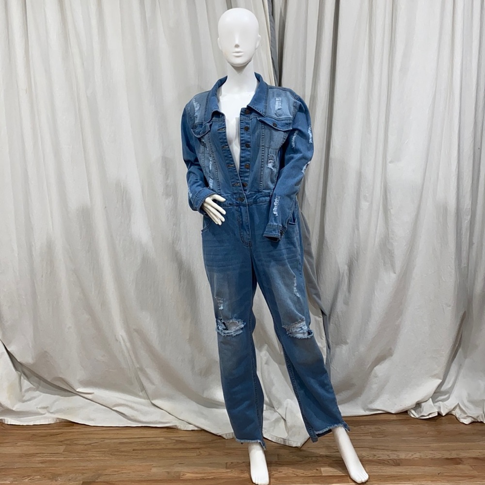 Denim Distressed Jumpsuit.